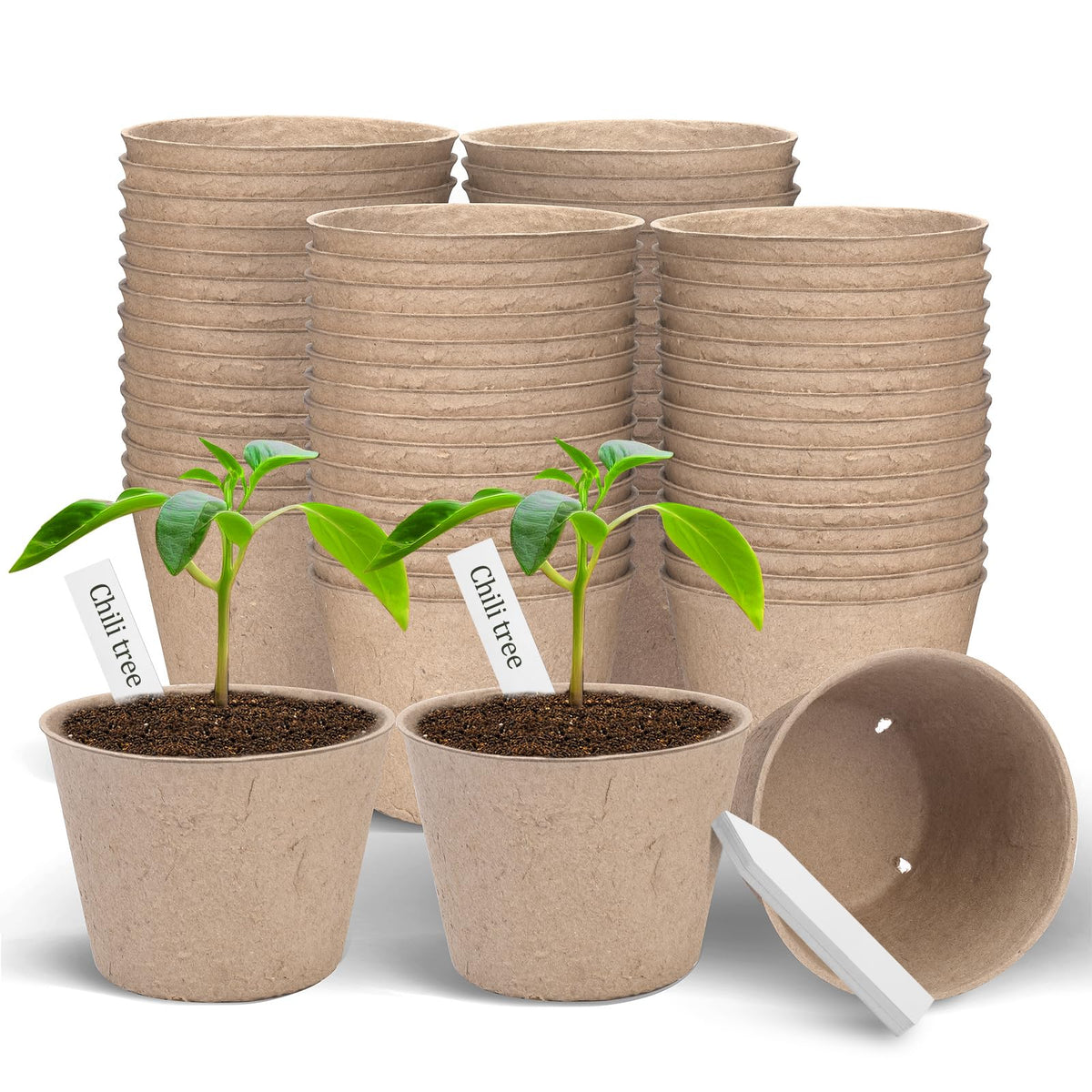 Peat Pots, 60 Pack Plant Starter Round Nursery Pot with Drainage Holes, Garden Germination Seedling Pots with 30 Plant Labels (4 Inch)