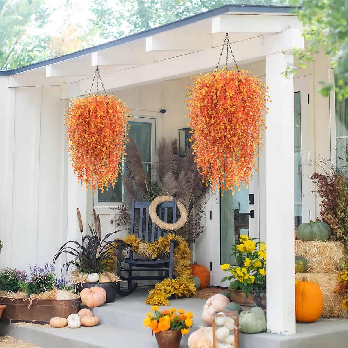 2 Set Fall Artificial Flower Hanging Baskets for Outdoors, UV Resistant
