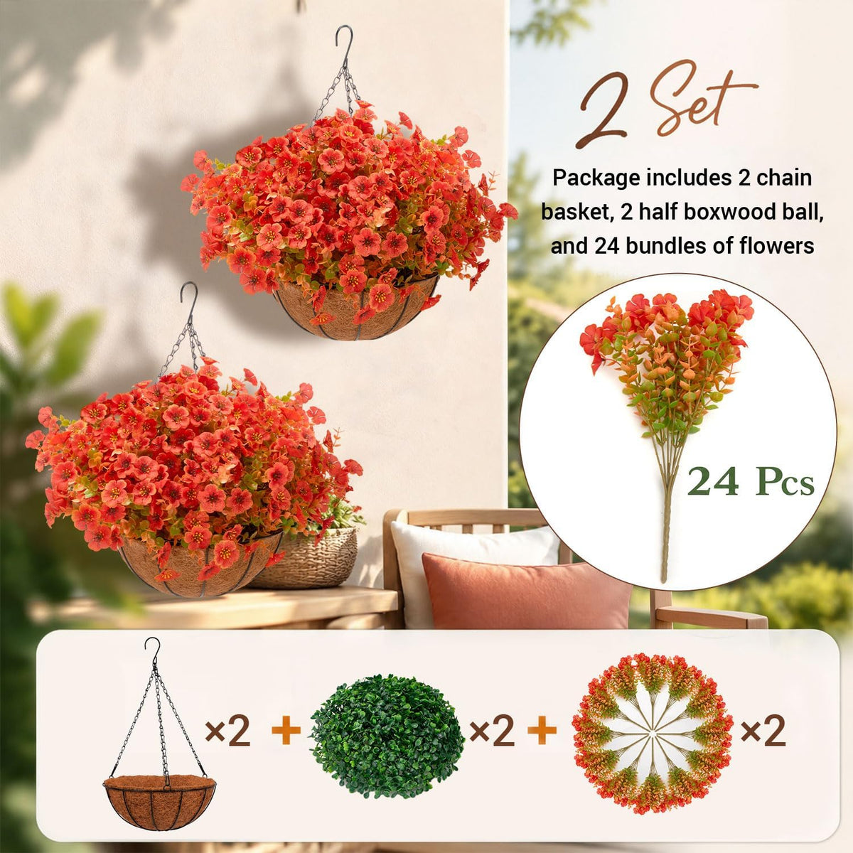 Artificial Outdoor Flowers with Hanging Baskets, 24pcs Fake Fall Mums Flower with 2 Pack Hanging Planters, Realistic UV Resistant Hanging Plants for Autumn Front Porch Garden Home Patio Yard Decor