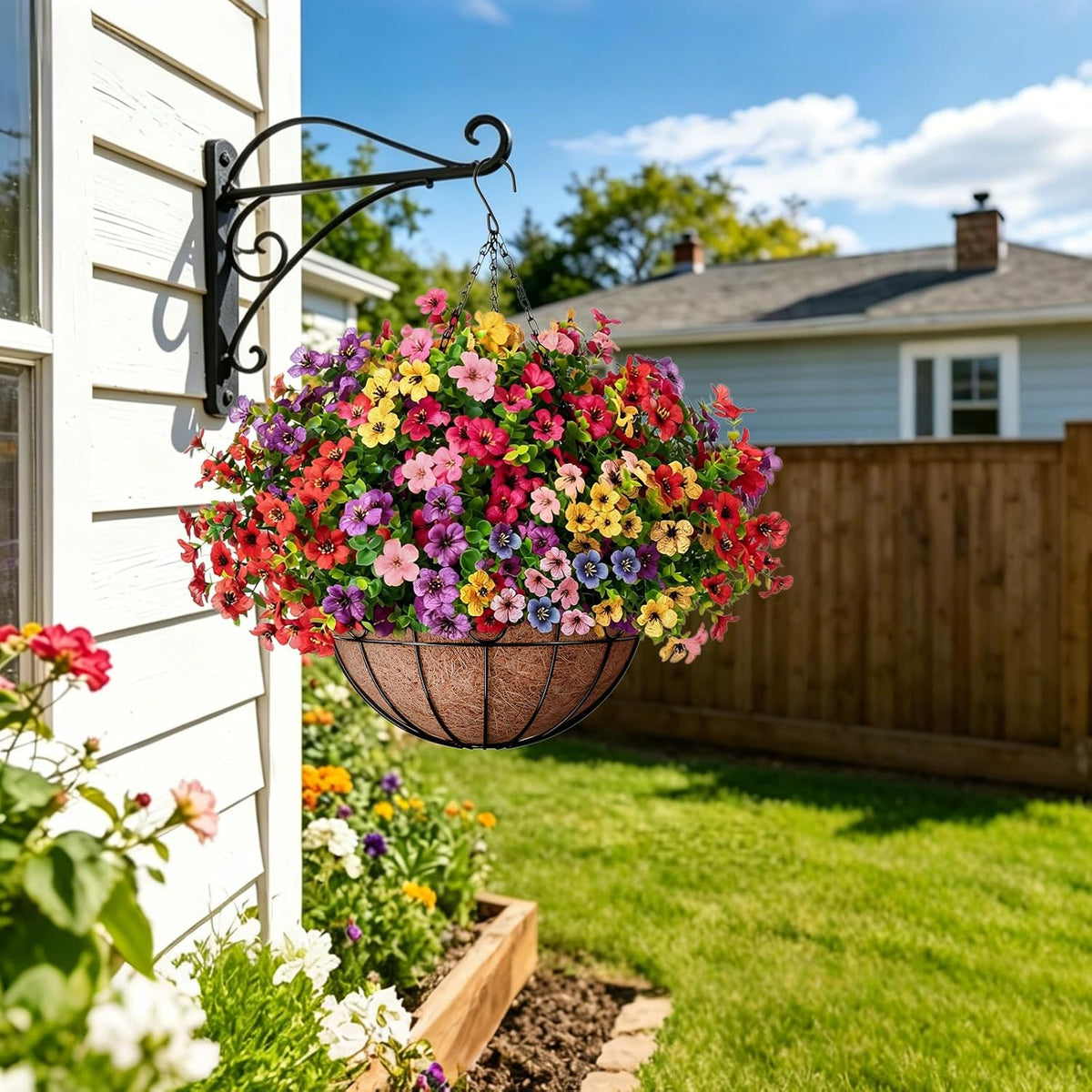 ZeeDix 18 Pcs Artificial Flowers with Hanging Baskets for Outdoors, 14 Inch Hanging Baskets with Fake Silk Flowers for Front Porch Patio Balcony Garden Home Spring Summer Decor