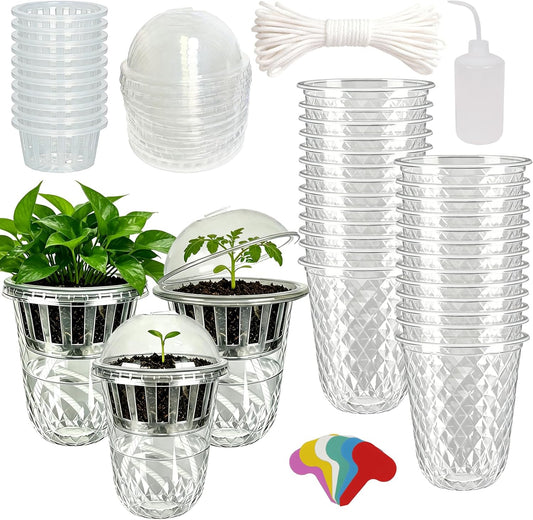 24 Pack 4 inch 500 ML Clear Self Watering Plant Pots, Transparent Plant Germination Nursery Pot, Seed Starting Container for Indoor Outdoor Planting Seedling, Diamond-Patterned