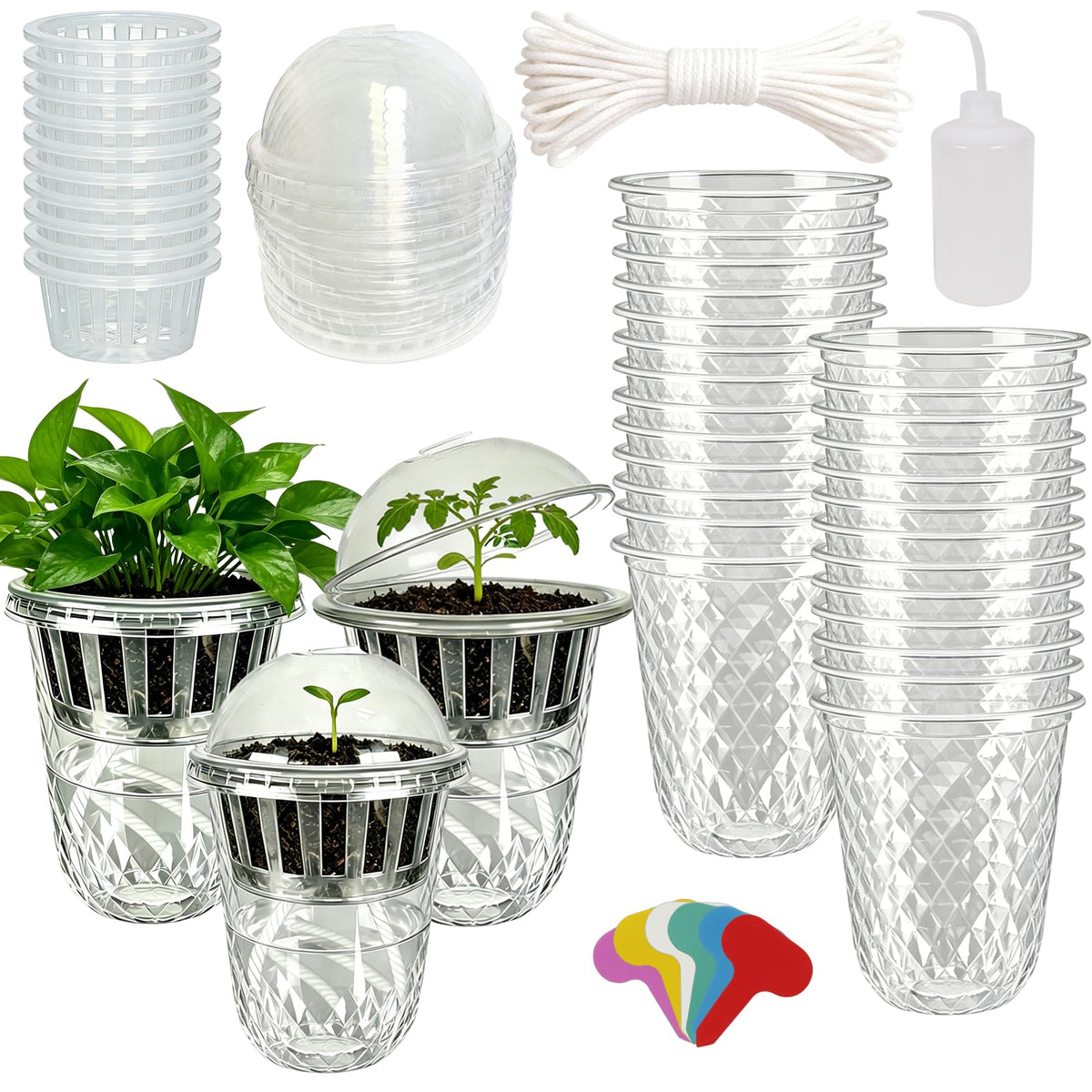 24 Pack 4 inch 500 ML Clear Self Watering Plant Pots, Transparent Plant Germination Nursery Pot, Seed Starting Container for Indoor Outdoor Planting Seedling, Diamond-Patterned