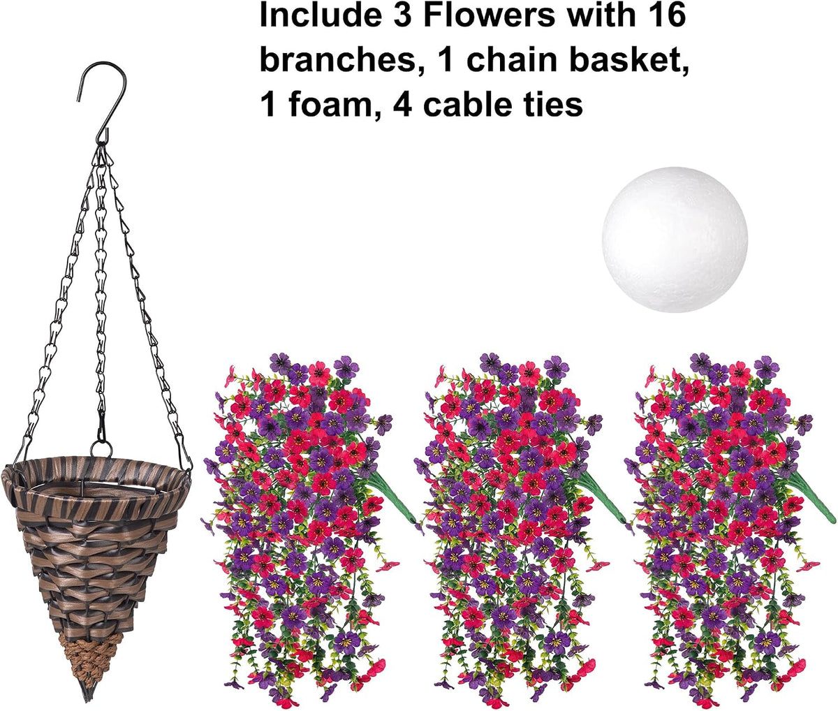 HyeFlora Artificial Hanging Flowers Basket for Outdoor, Fake Flowers Faux Plants Look Real for Yard Gardens Porch Patio Home (Darkpurple+Hotpink)