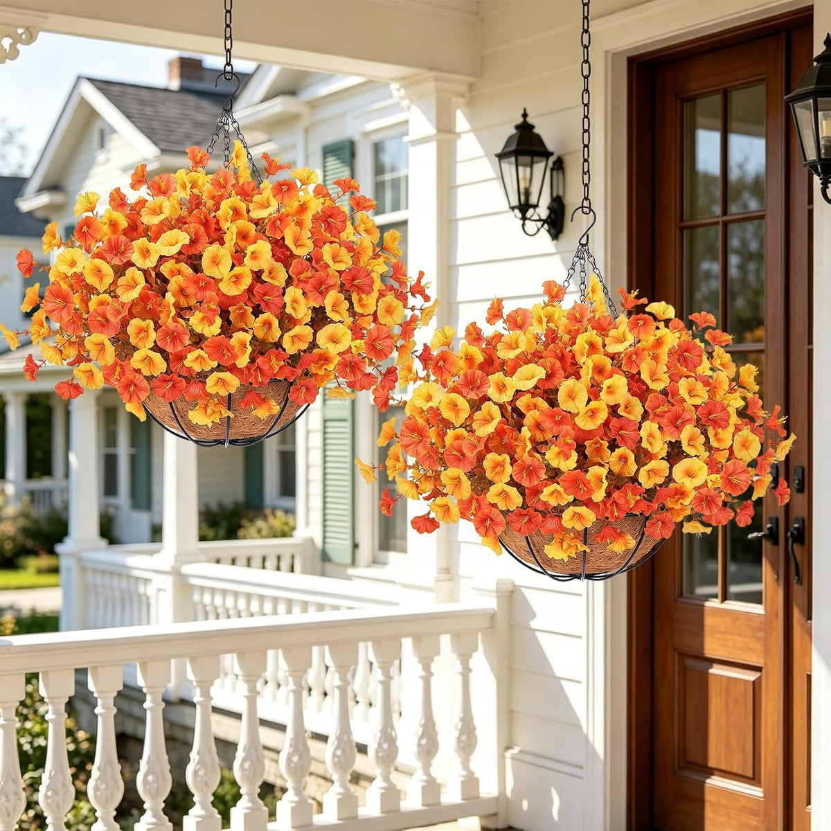 2Set Fall Hanging Mums Flowers with Baskets 28Pcs Faux Fall Mum for Outdoor
