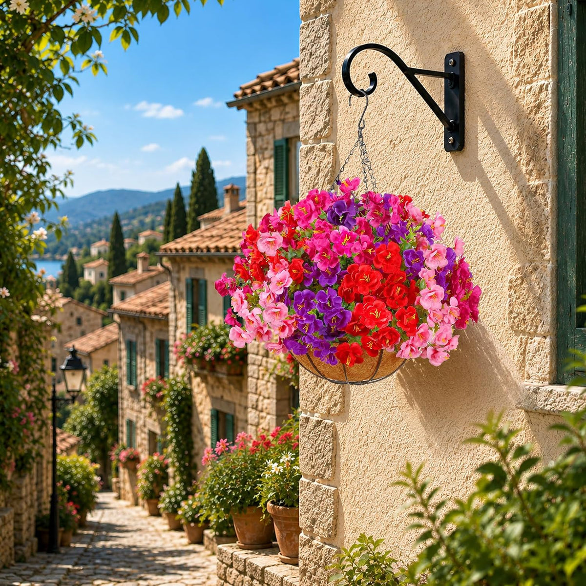 2 Set Artificial Outdoor Flowers with Hanging Basket, Outside Decor