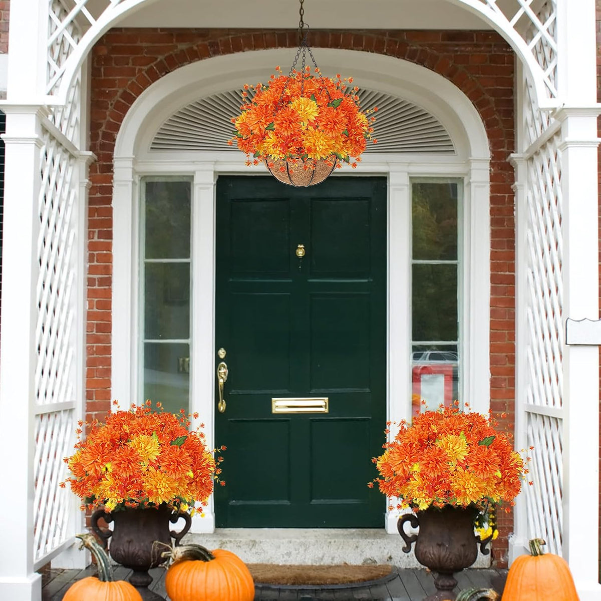 1PCS Fall Hanging Basket Artificial Mums for Outdoors Porch Decor