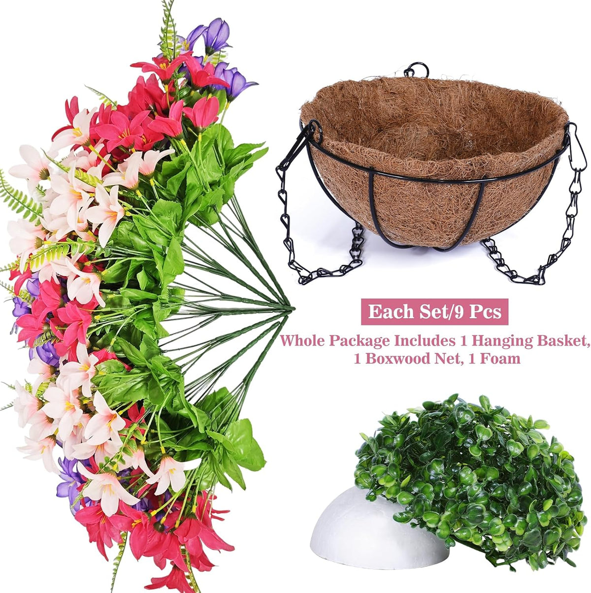 Artificial Faux Hanging Plants Flowers Basket for Outdoors Spring Summer Decoration, Hanging Planters with Fake Silk Hyacinth Flower UV Resistant for Outside Porch Patio Balcony Garden Purple Fuchsia
