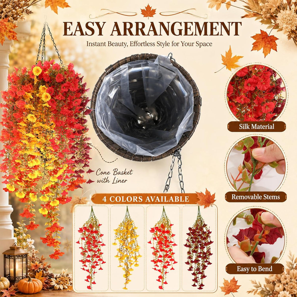 Pinkunn 2 Pack Artificial Fall Hanging Flower Basket for Outdoor Fall Decor