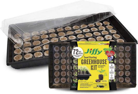 Ferry Morse Jiffy Seed Starting Greenhouse Tray Kit with 72 36mm Peat Pellets and Bonus SUPERthrive Sample + Plant Markers, 2 Pack, 144 Pellets Total