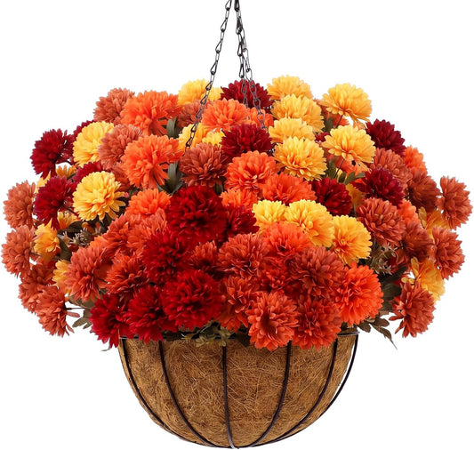 8Bundle Fall Mum Artificial Flower Hanging Basket Outdoor Decor, Fall Color