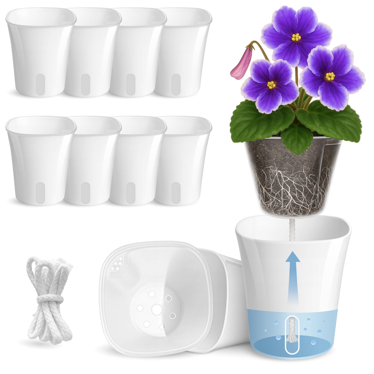 10 Pack 3" Self Watering Pots for Indoor Plants, Clear Inner Cup, Small Pink Plastic Planters, Water Level Indicator, Drainage Holes, Extra 3ft Wick, Cuttings,Seedlings,Herb,African Violet