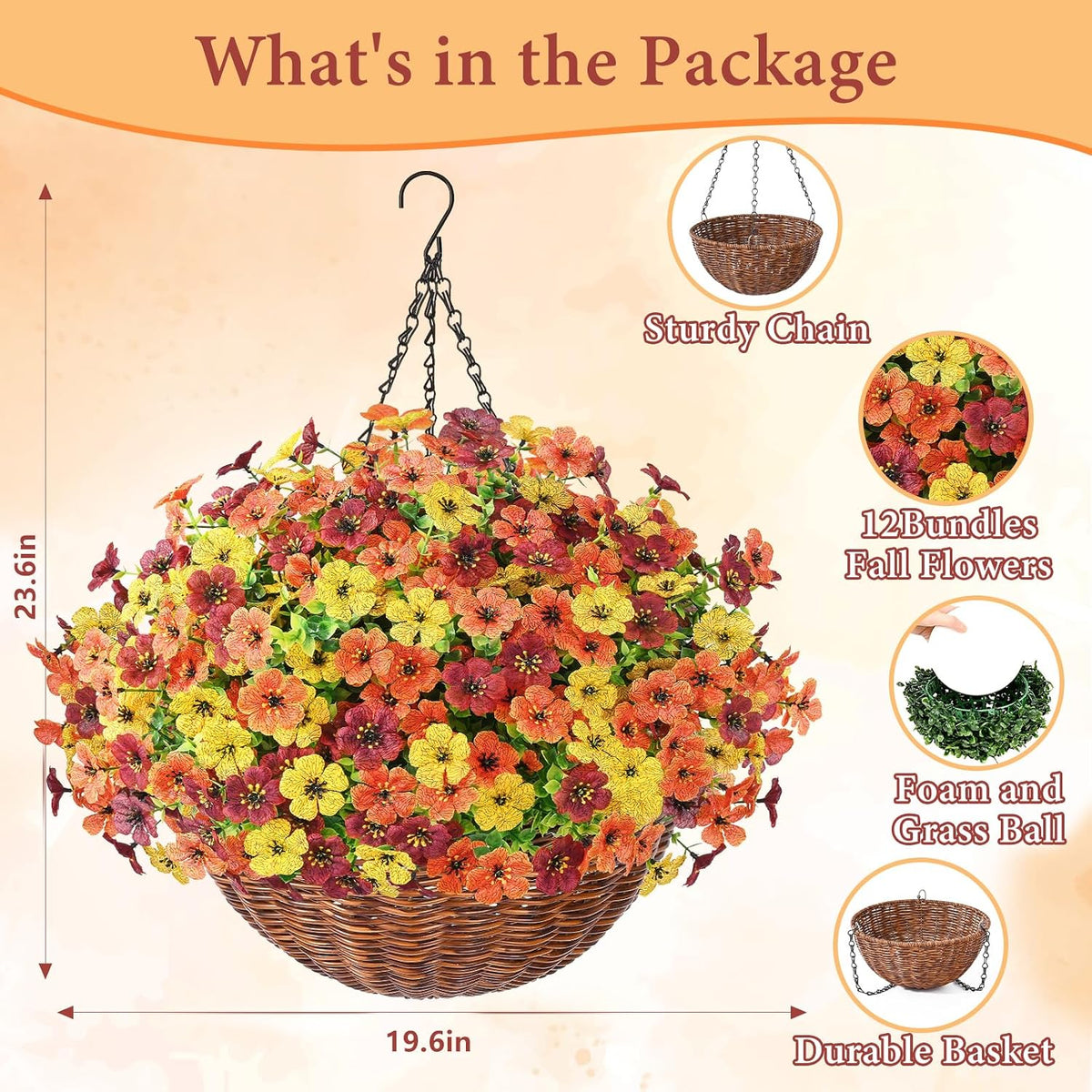 Yastouay 12 Bundles Fake Mums Fall Hanging Basket for Outdoor Decorations