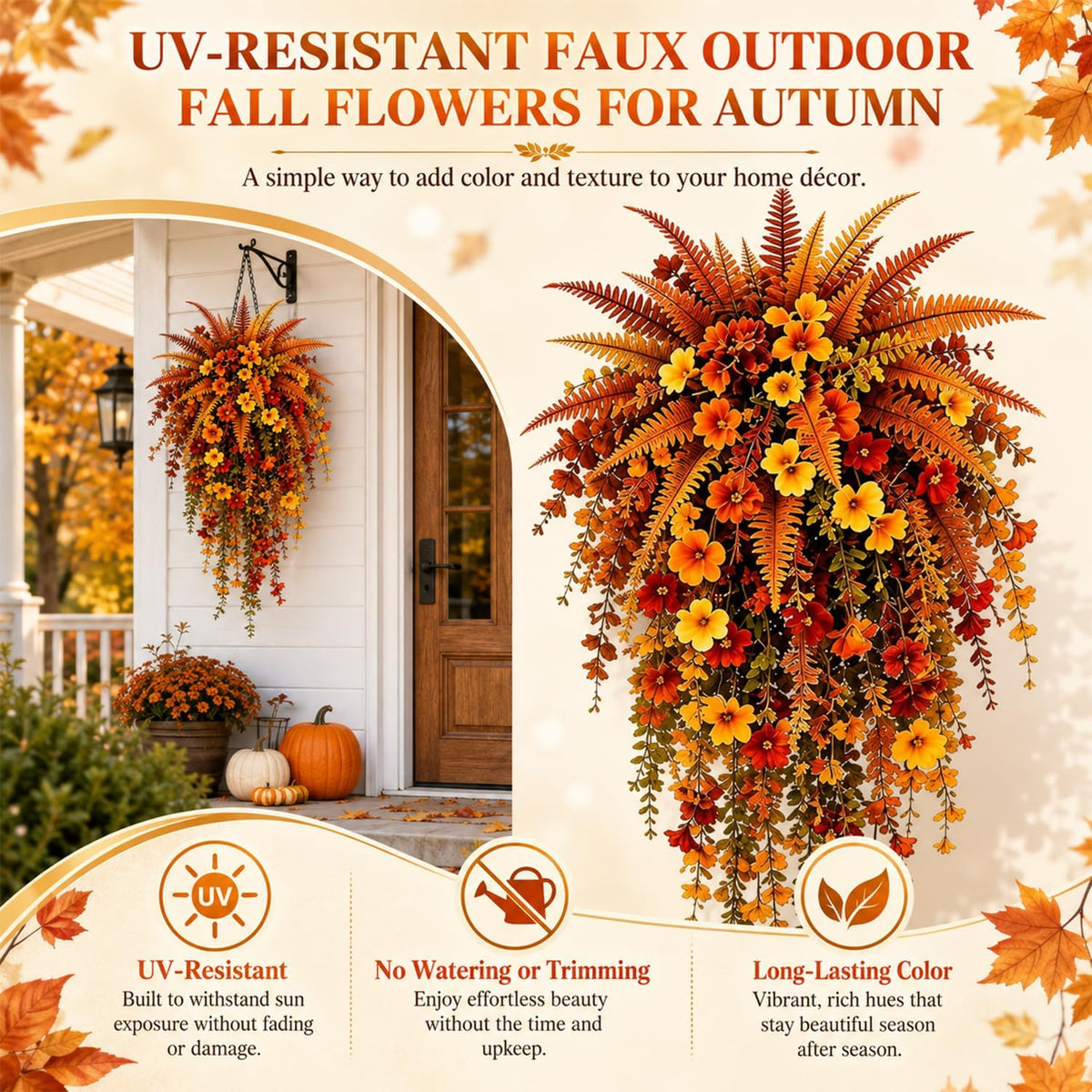 2Pcs Artificial Fall Harvest Hanging Basket,UV Resistant Faux Autumn Floral