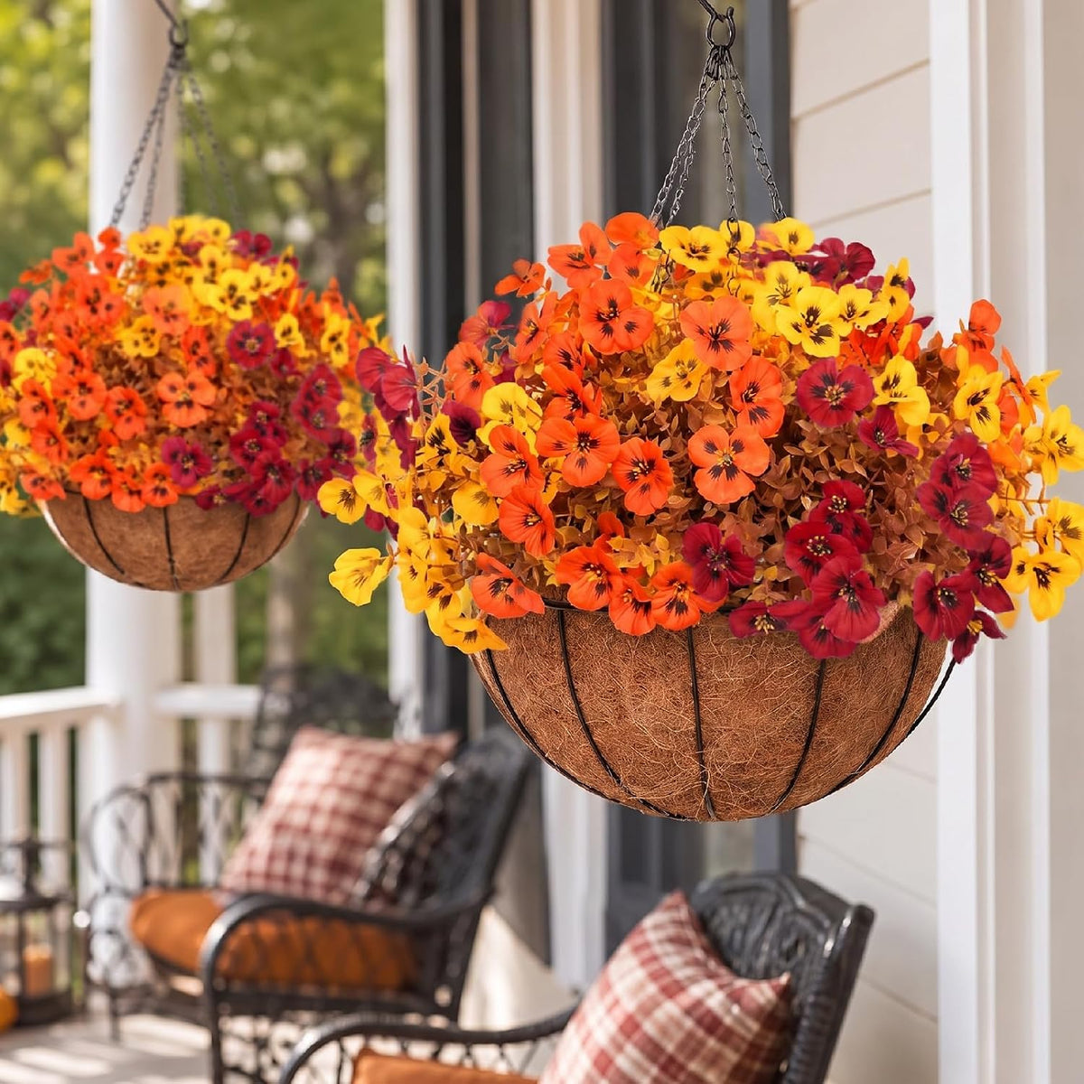 2 Set Fall Artificial Flower with Hanging Baskets for Autumn Outdoor Decor
