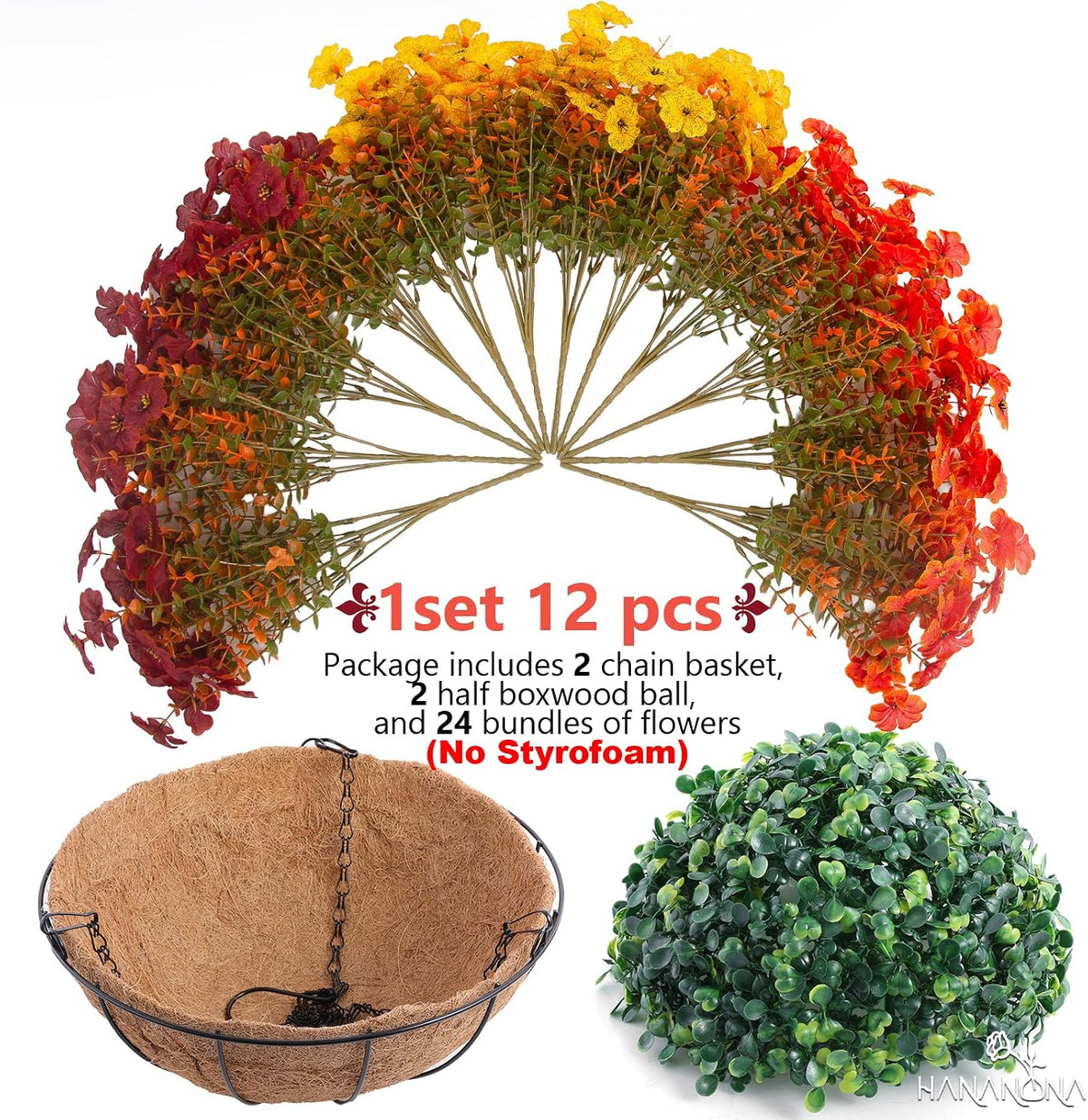 Hananona 2 Set Artificial Outdoor Fall Flowers with Hanging Basket, 2 Packs Hanging Planters with 24 Pcs Faux Fall Mums for Autumn Front Porch Garden Patio Home Decor (2, Orange,Yellow,Burgundy)