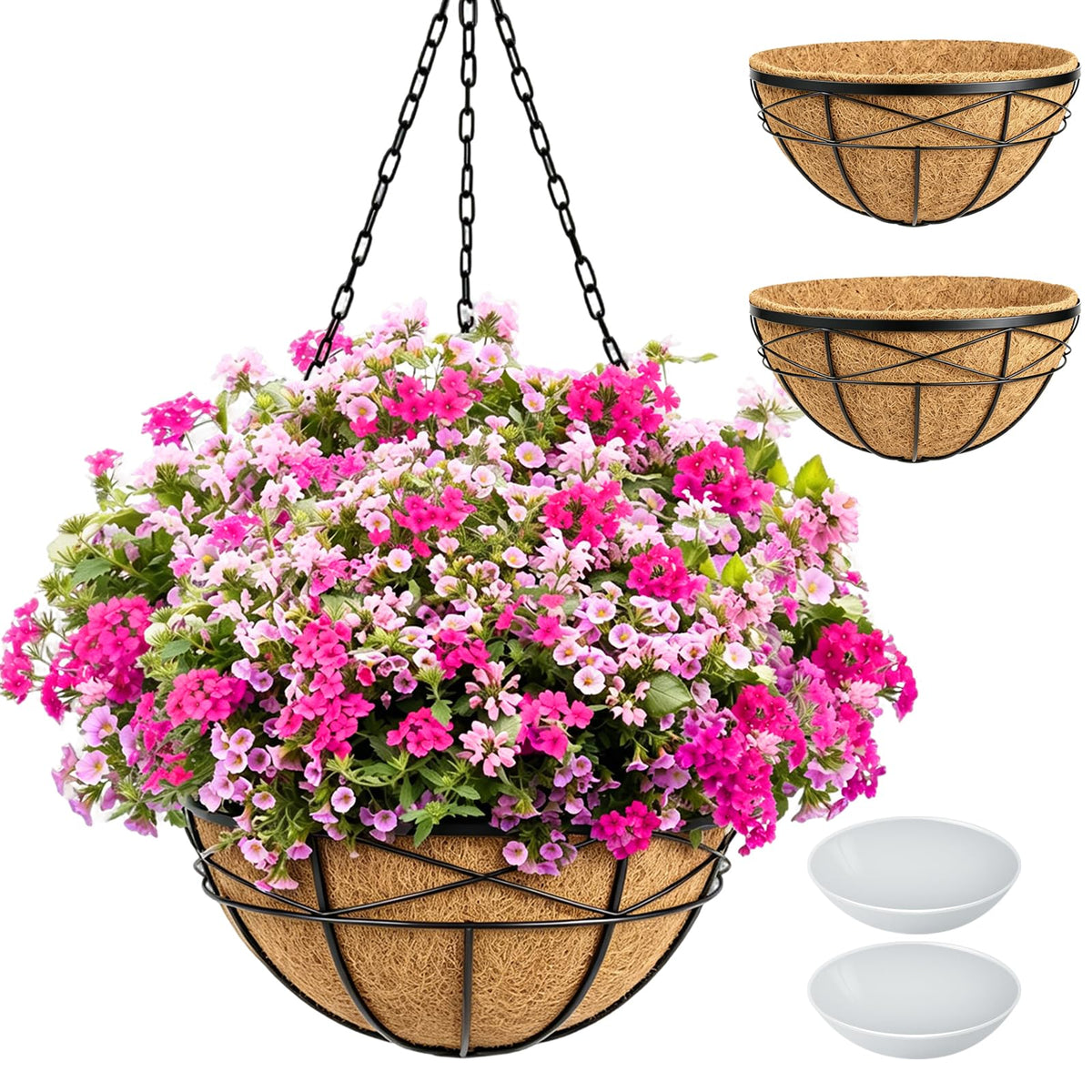 4 Pack 14 Inch Hanging Baskets for Plants Outdoor Large Flower Planters with Coco Liner for Outside Planting Watering Plant Pot Holder for Home Garden Porch Balcony Railings Decor