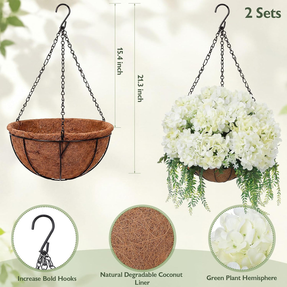 2 Pack Artificial Hanging Hydrangea Flowers with Basket for Outdoor, White
