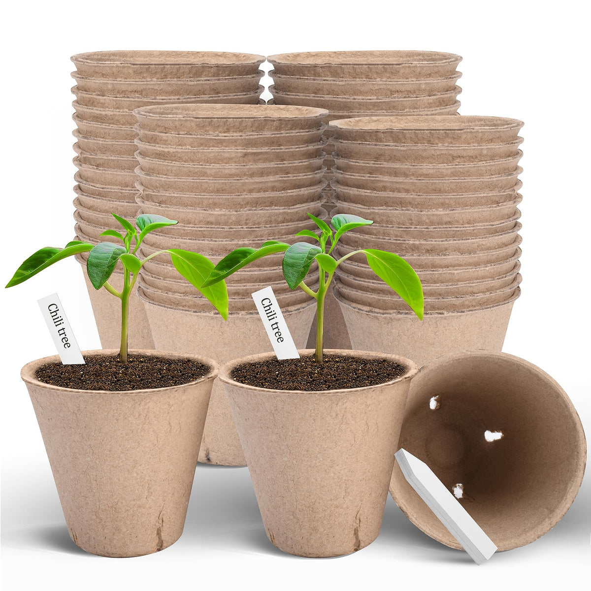 Peat Pots, 60 Pack Plant Starter Round Nursery Pot with Drainage Holes, Garden Germination Seedling Pots with 30 Plant Labels (4 Inch)