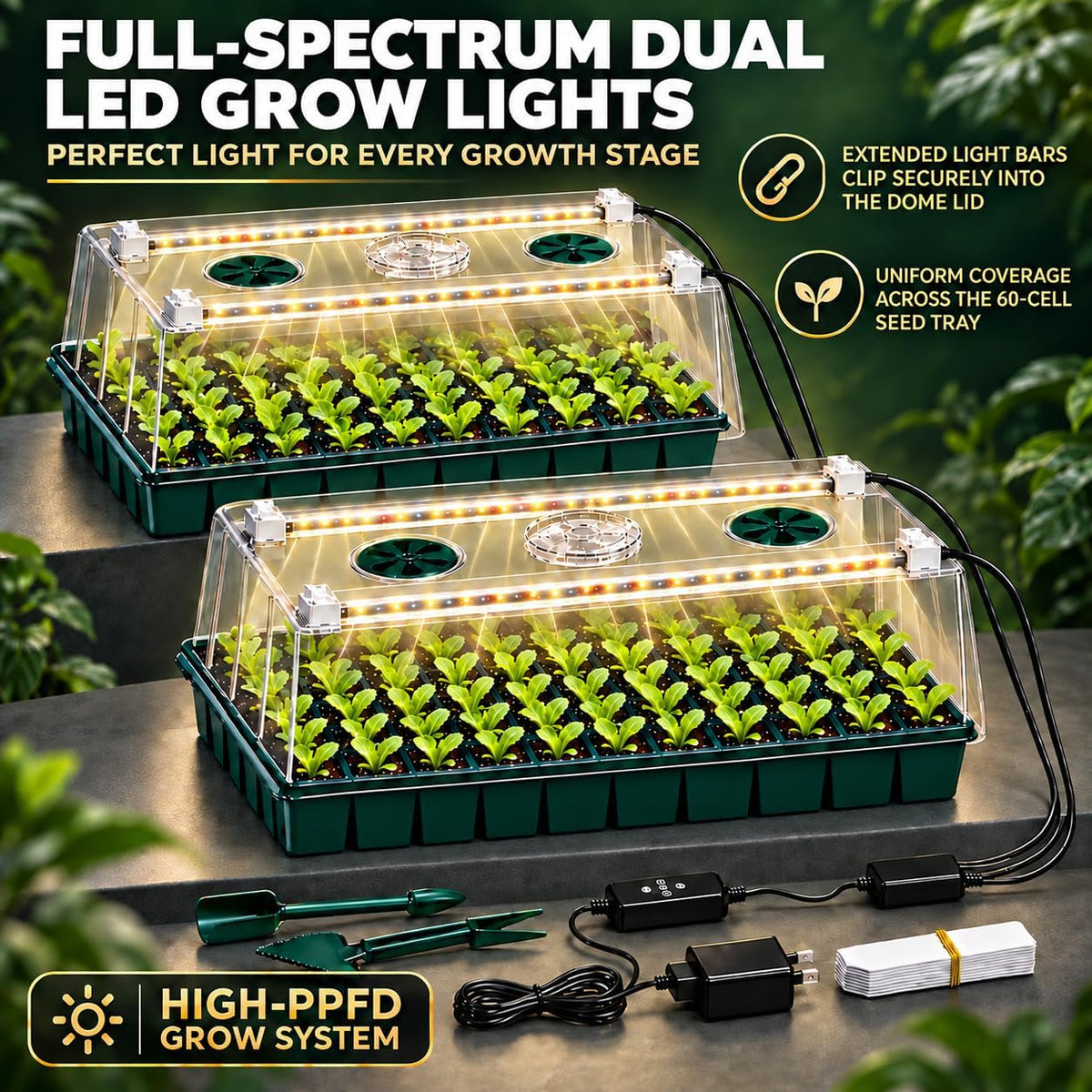 2-Pack 60-Cell Seed Starter Tray with Grow Light, 1-24H Timer