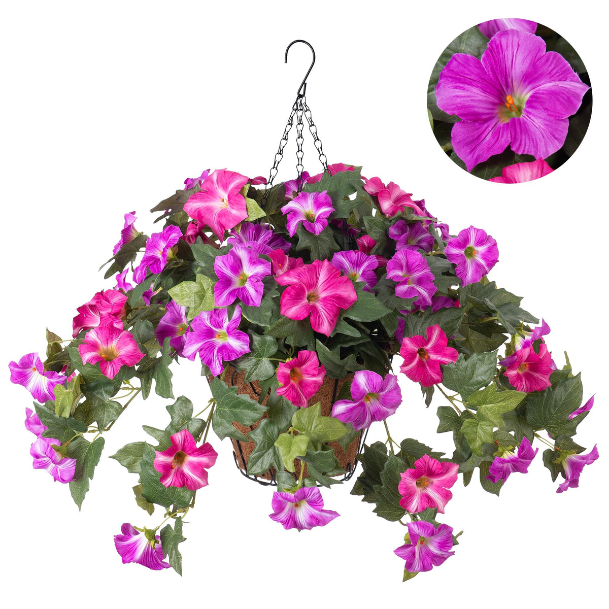 Ammyoo Artificial Hanging Fake Flowers with Basket Plants for Outdoor Decor
