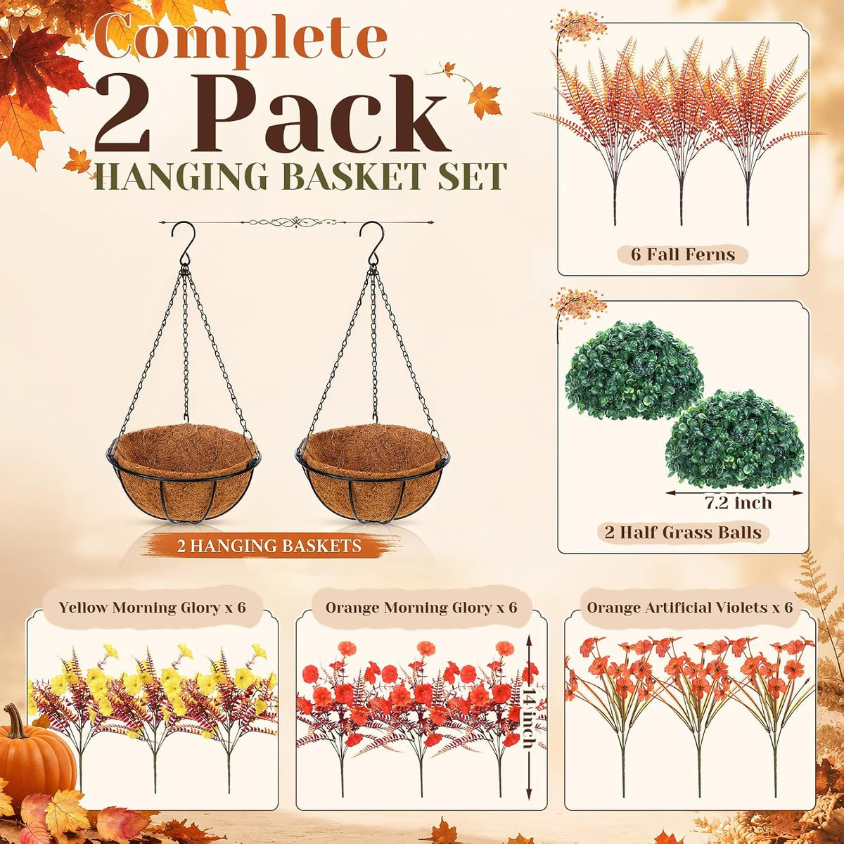 Thiccywoov 2 Pack Fall Flower Hanging Baskets, Morning Glory, Autumn Color