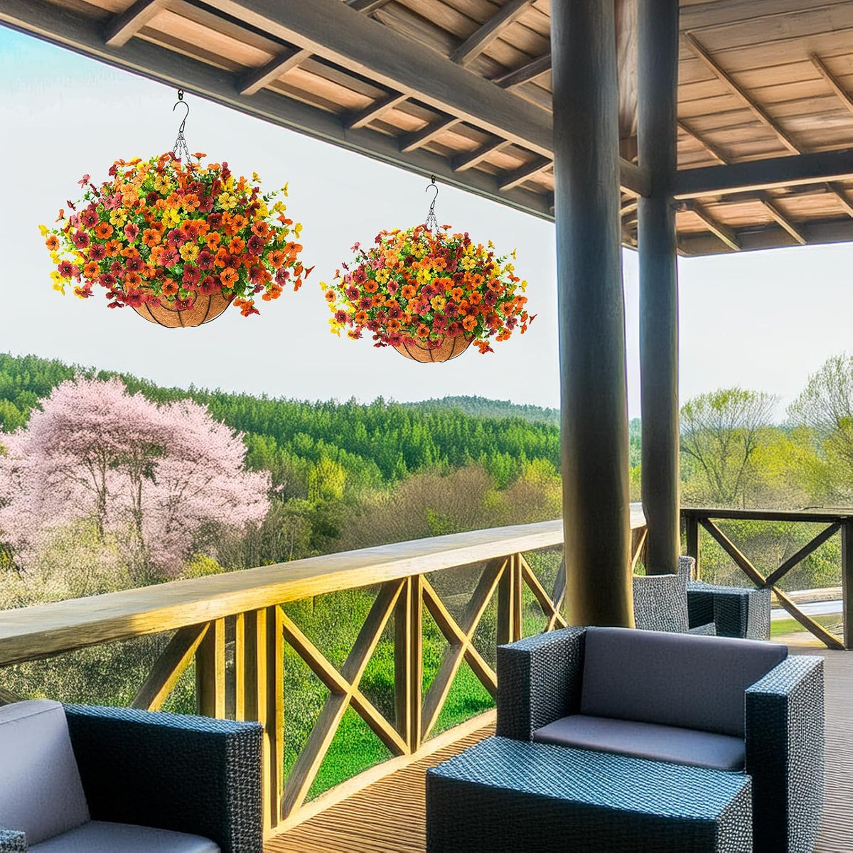 Artificial Fall Hanging Flowers Basket, UV Resistant Mums for Outdoors