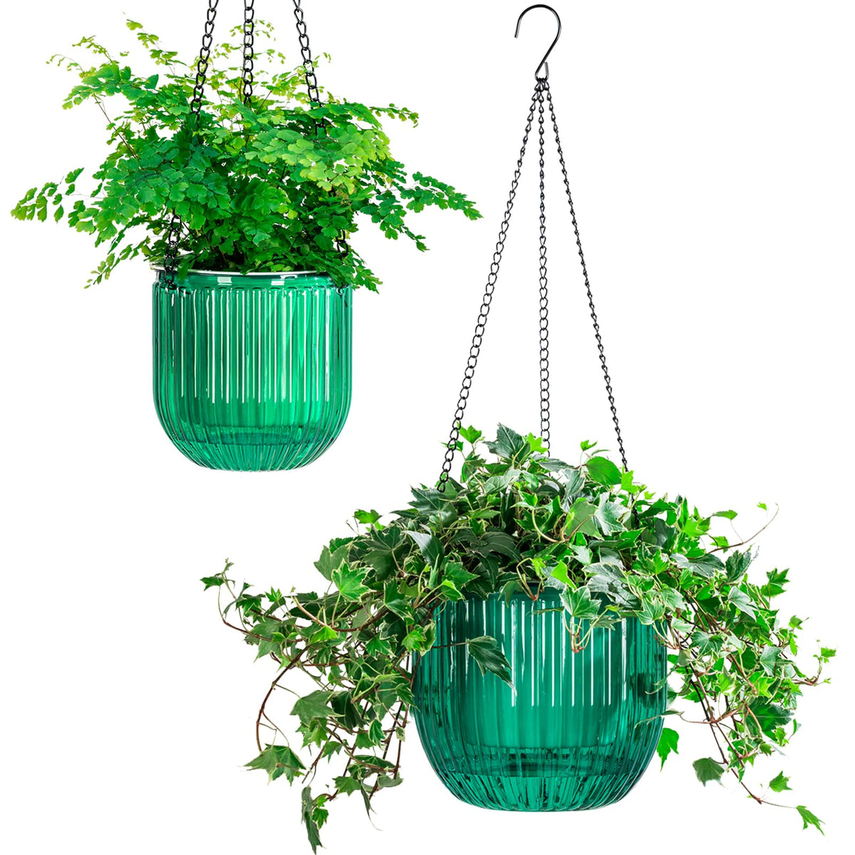 Melphoe 2 Pack Self Watering Hanging Planters Indoor Flower Pots, 6.5 Inch Outdoor Hanging Basket, Plant Hanger with 3Hooks Drainage Holes for Garden Home (Emerald)