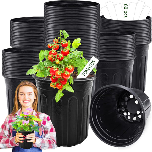 60 Pcs 1 Gallon Flexible Plant Nursery Pots,Plastic Thickened Soft Seedling Pot with Plant Labels,Flower Seed Starting Containers for Succulents,Transplanting,Indoor Outdoor,Black
