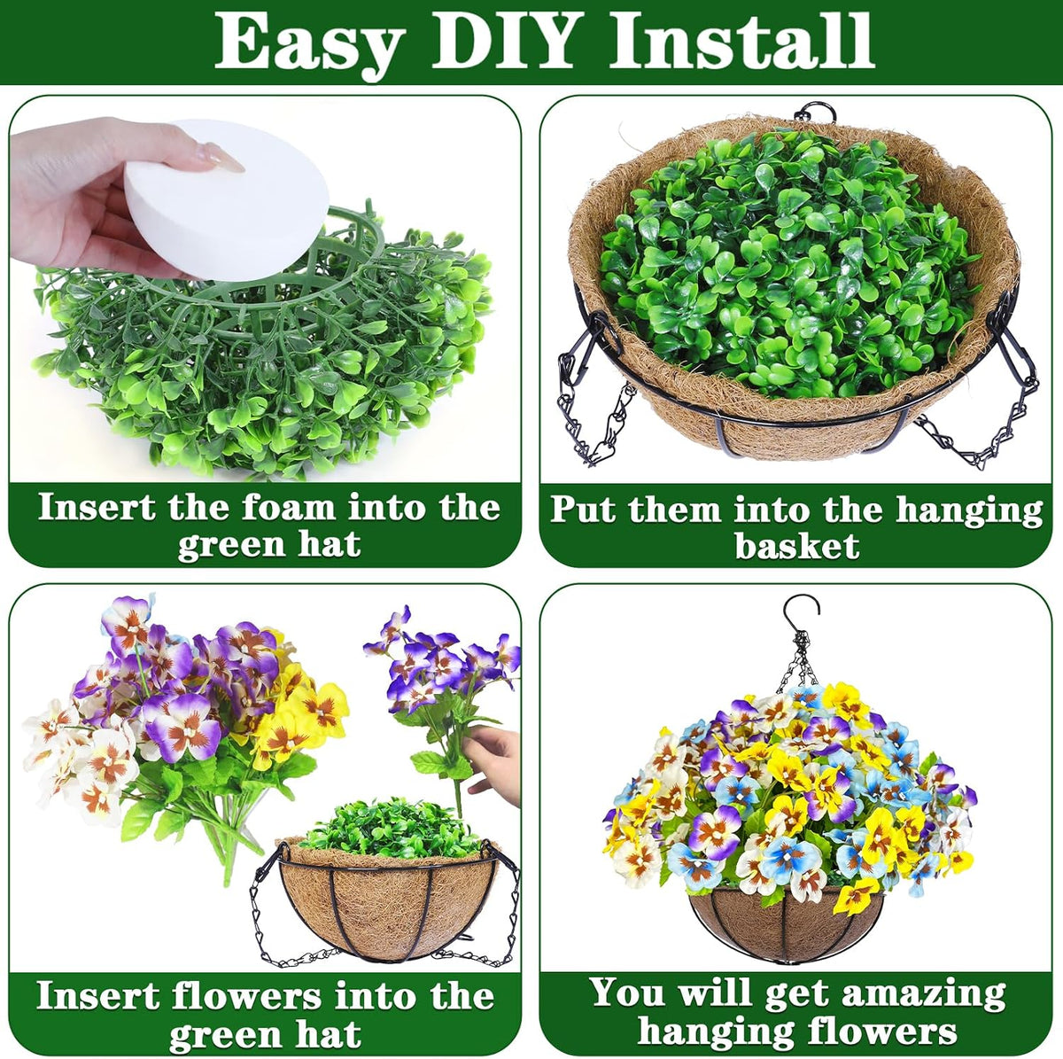 Artificial Hanging Flowers Plants Baskets Outdoor Outside Decoration, Pansies UV Resistant Waterproof Spring Fake Silk Flowers Faux Hanging Planters for Porch Patio Balcony Yard Home Decor