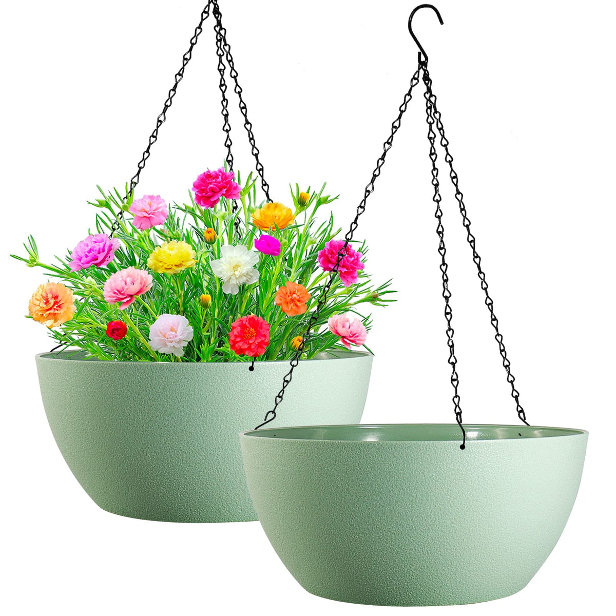 WOUSIWER 13 inch 2Pack Large Hanging Planters for Outdoor Indoor Plants with Drainage Holes and Chain, Round Hanging Flower Pots for Garden Home Porch Decor, Black
