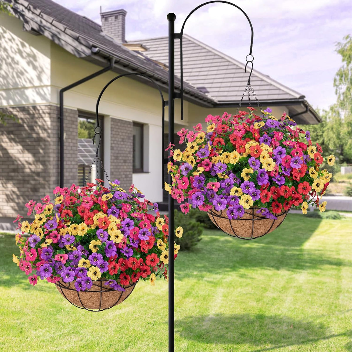 Bassion Artificial Hanging Silk Flowers for Outdoors with Basket, Mixed