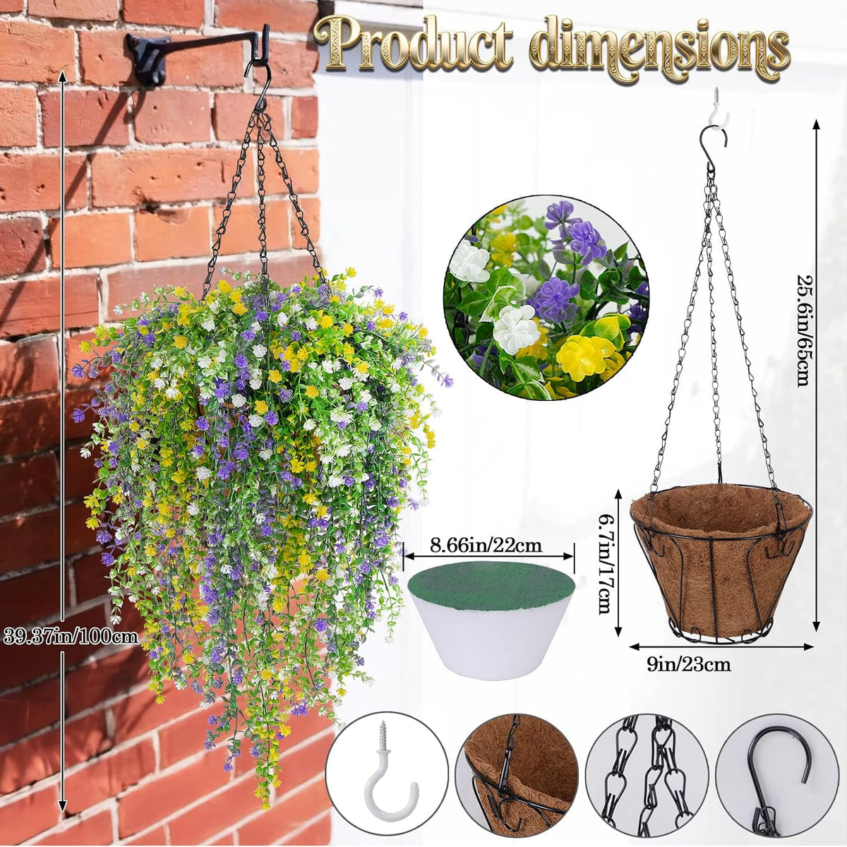 2 Set Artificial Flower Hanging Baskets for Outdoors, UV Resistant