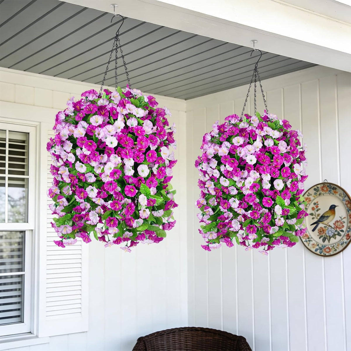 Artificial Flowers with Hanging Basket, Outdoor Faux Plants UV Resistant