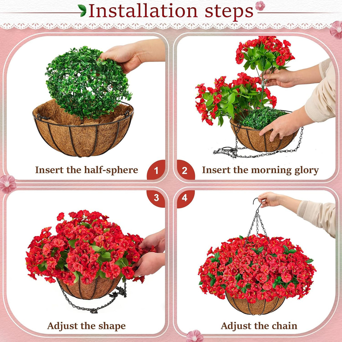 TTQ 2 Pack Artificial Hanging Flower Baskets for Outdoor Decor,Red