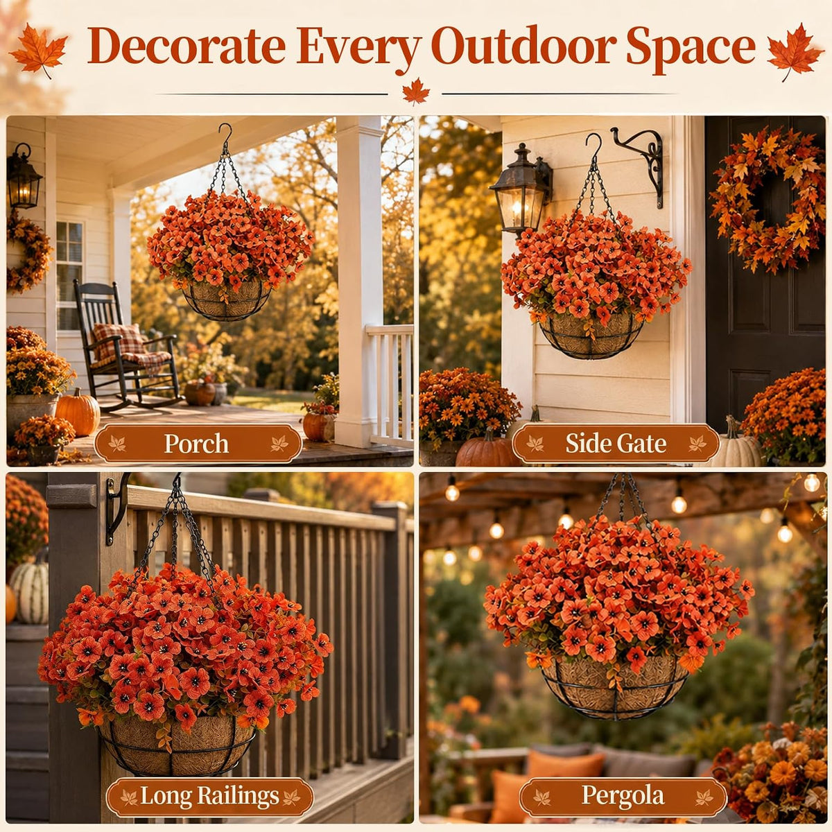 2 Set Artificial Hanging Flower Baskets with Coco Liners, Orange Fall
