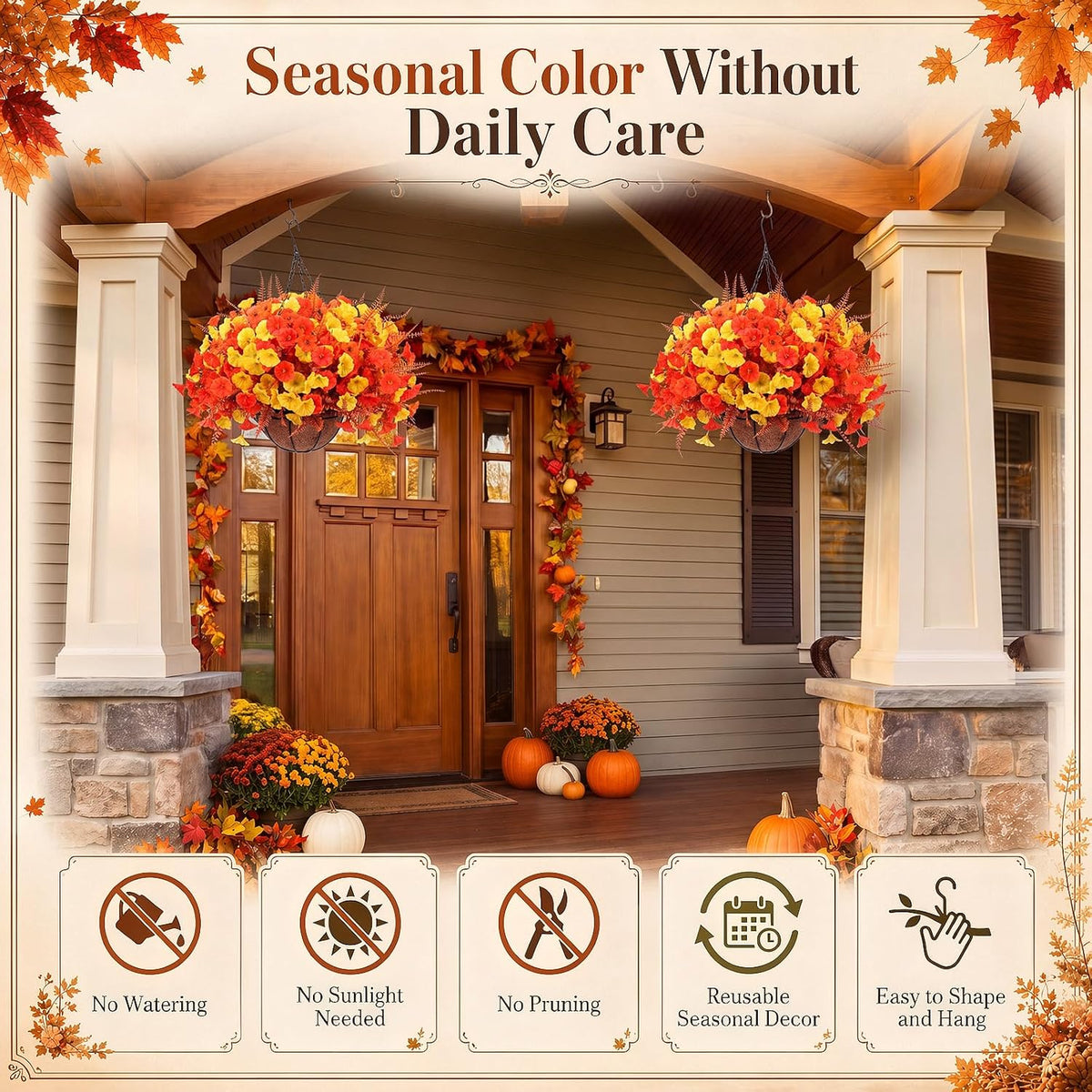 Thiccywoov 2 Pack Fall Flower Hanging Baskets, Morning Glory, Autumn Color