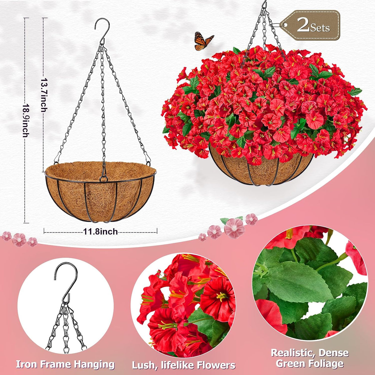 TTQ 2 Pack Artificial Hanging Flower Baskets for Outdoor Decor,Red