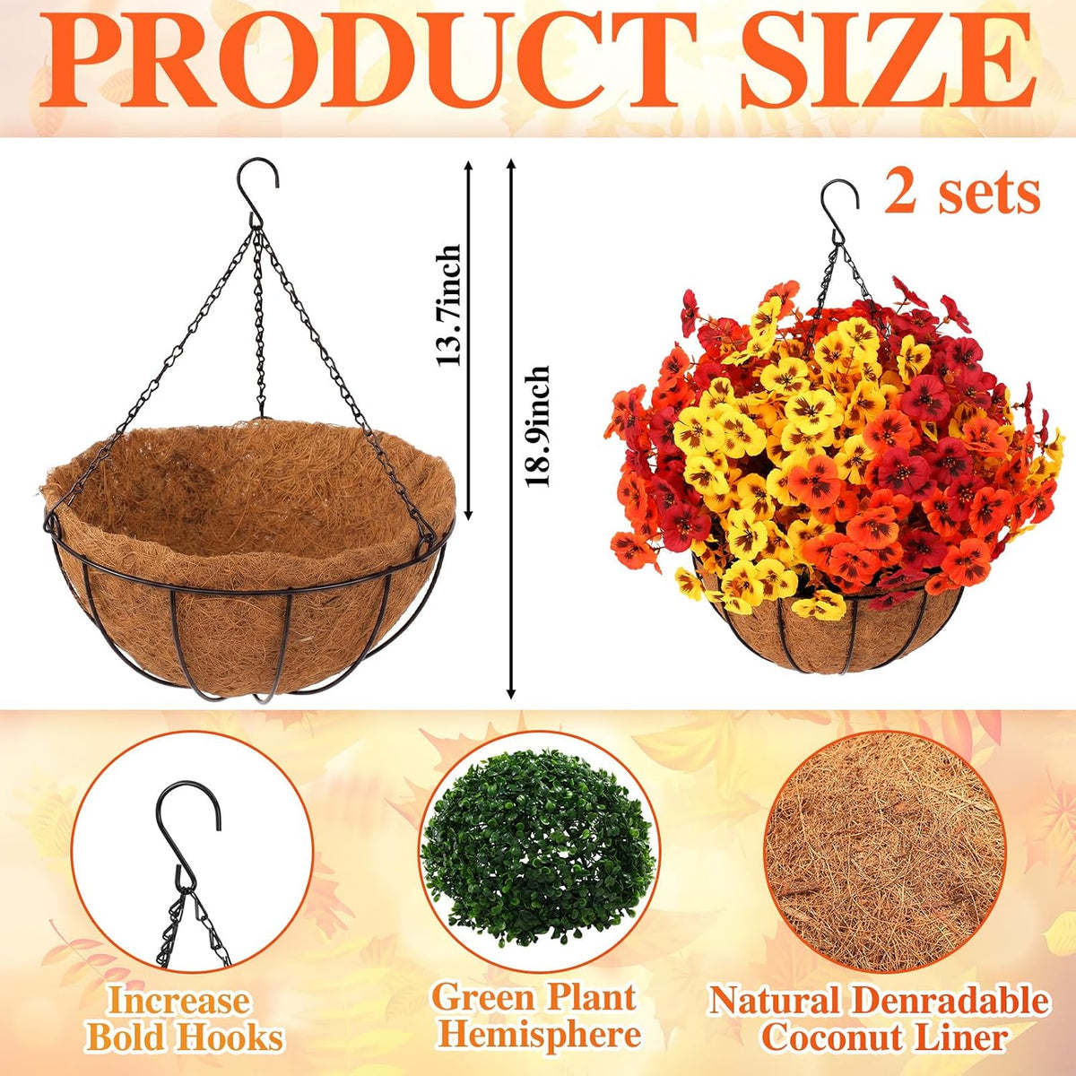 2 Set Fall Artificial Flower with Hanging Baskets for Autumn Outdoor Decor