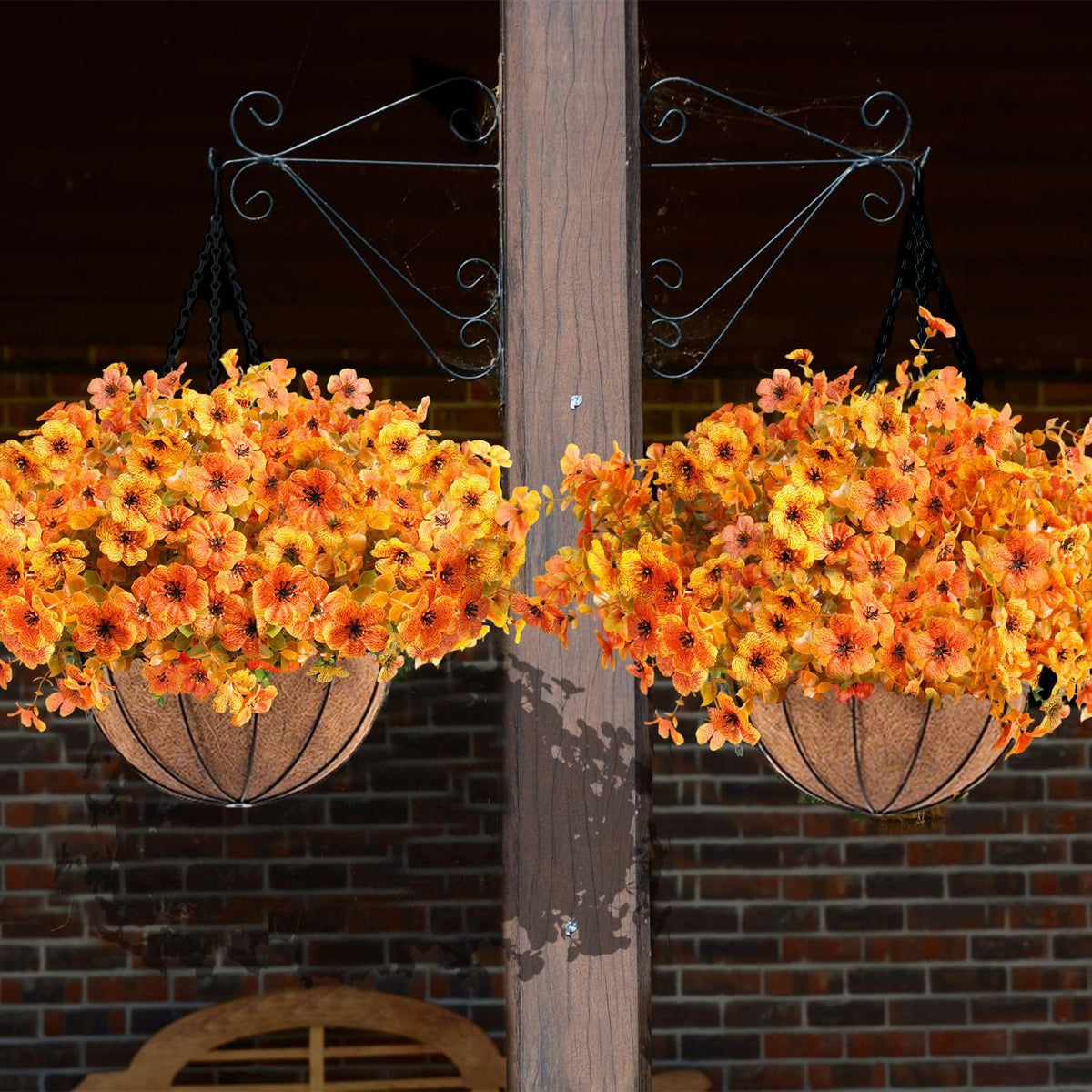 Orgrimmar 2pcs Artificial Fall Mums Hanging Basket Fake Flower Plant Orange