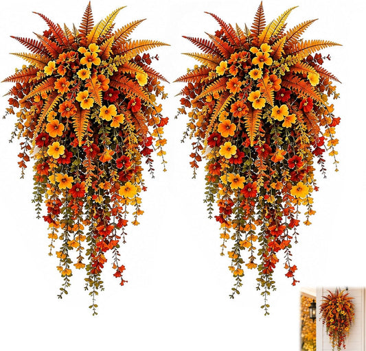 2Pcs Artificial Fall Harvest Hanging Basket,UV Resistant Faux Autumn Floral