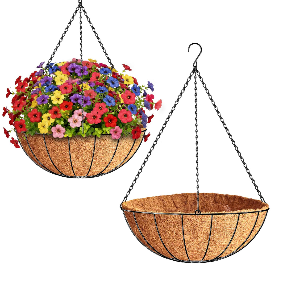 ZeeDix 2 Pack 14 Inch Hanging Baskets for Plants Outdoor, Metal Wire Round Planters with Coco Liner, Hanging Flower Baskets for Home Garden Porch Balcony Railings Decor