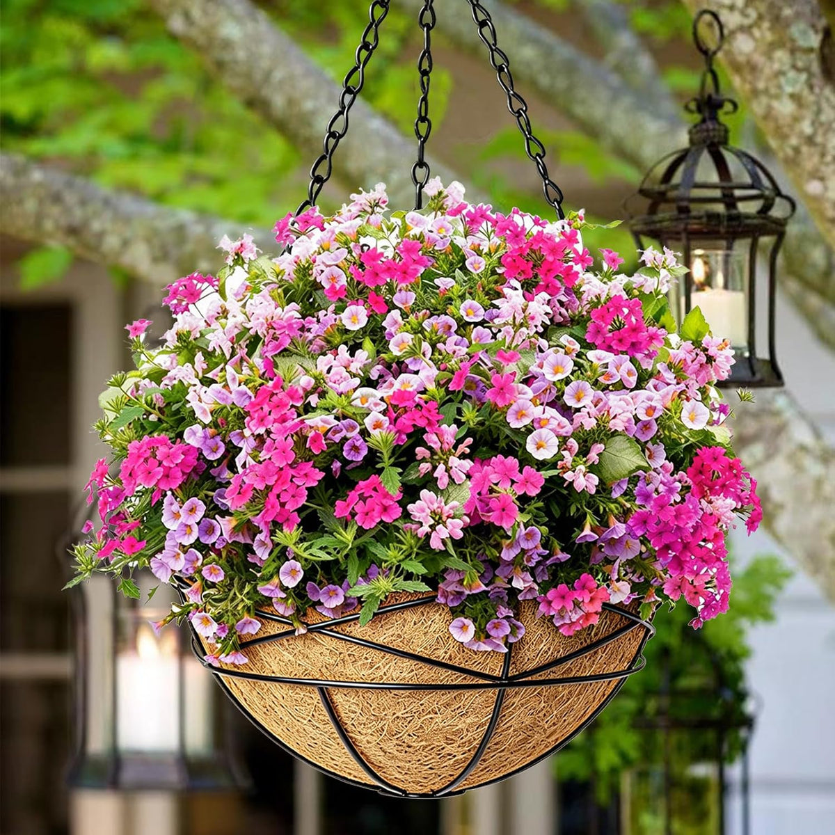 4 Pack 12 Inch Hanging Planters for Outdoor Plants Metal Watering Flower Baskets with Coco Liner for Outside Planting Plant Holder Pot for Home Garden Porch Balcony Railings Decor