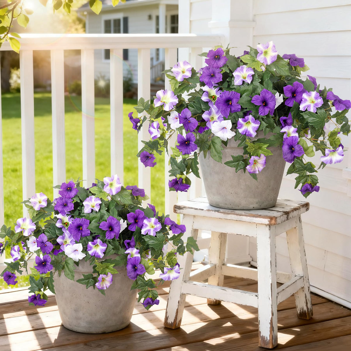 Ammyoo Artificial Hanging Fake Flowers with Basket Plants for Outdoor Decor