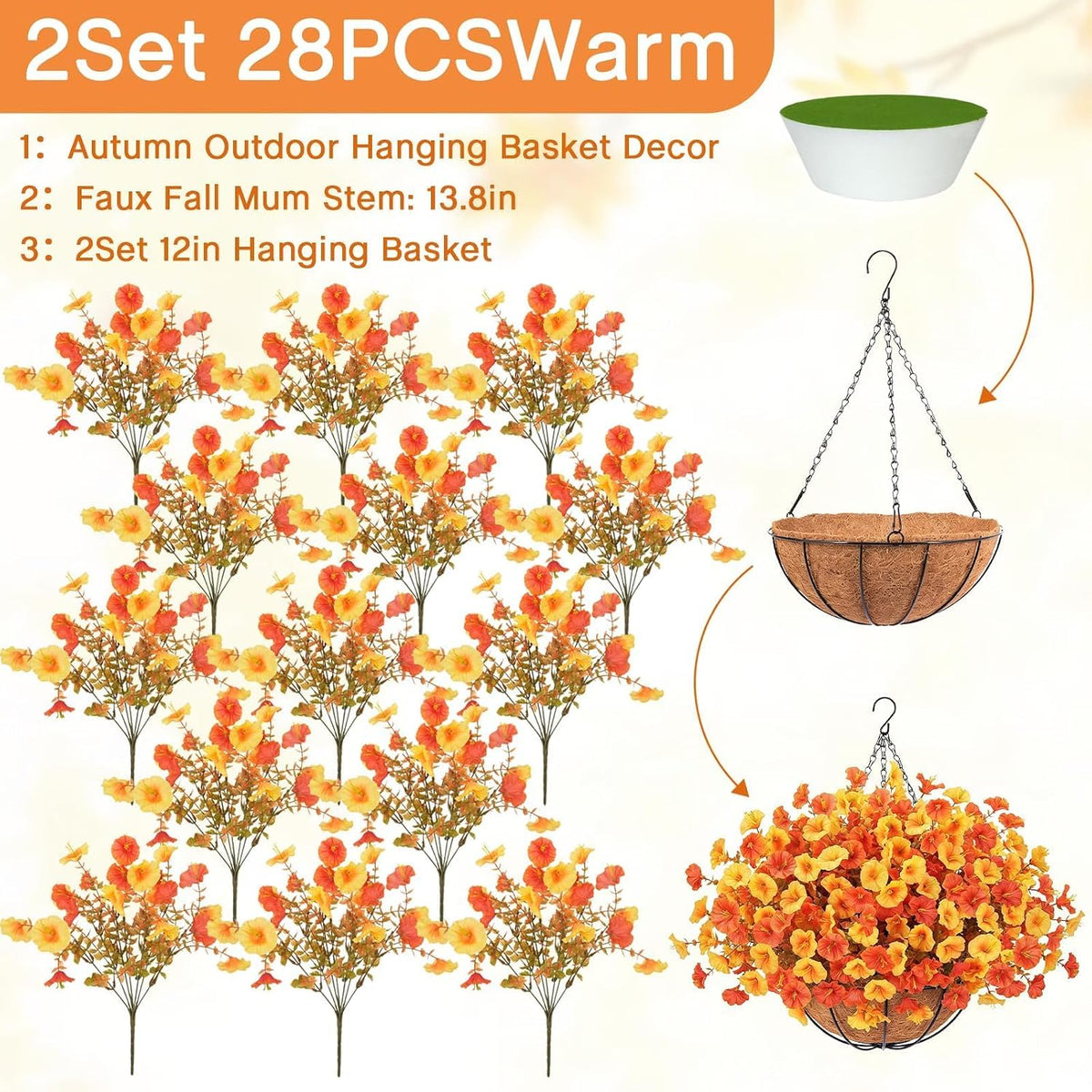2Set Fall Hanging Mums Flowers with Baskets 28Pcs Faux Fall Mum for Outdoor