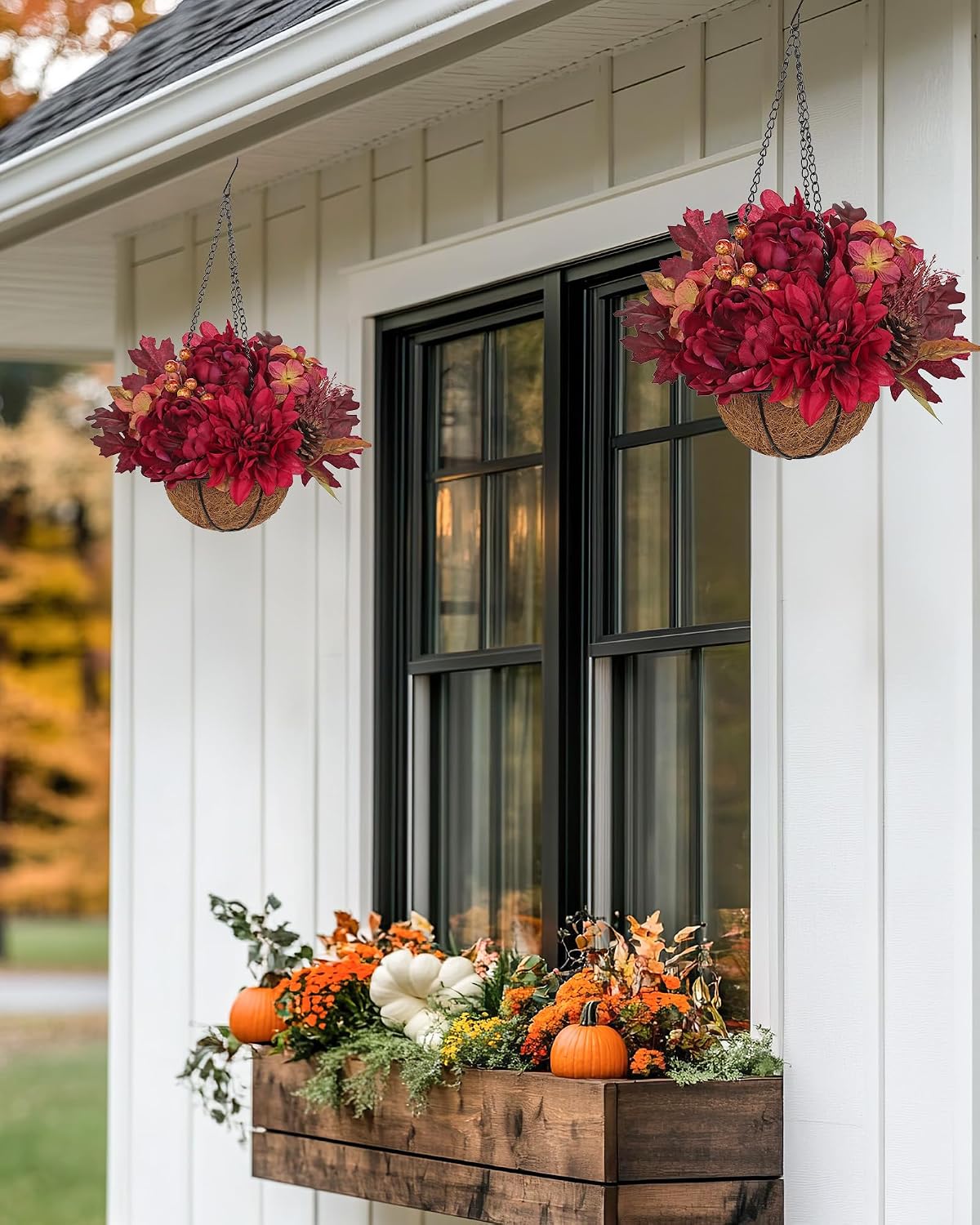 Hollyone 11" Fall Hanging Baskets Hydrangea Peonies Small Artificial Flowers Fall Hanging Decor Hydrangea Fake Flowers Faux Plants Red Orange Indoor Outdoor Porch Patio Garden Autumn Home Decorations