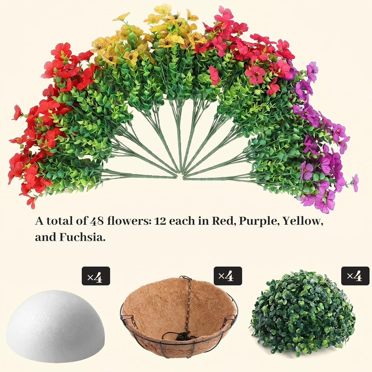 4 Set Artificial Faux Hanging Plants Flowers Basket for Summer, UV Resistant Artificial Flowers, Artificial Outdoor Flowers Hanging Basket, Front Porch Garden Patio Home Decor