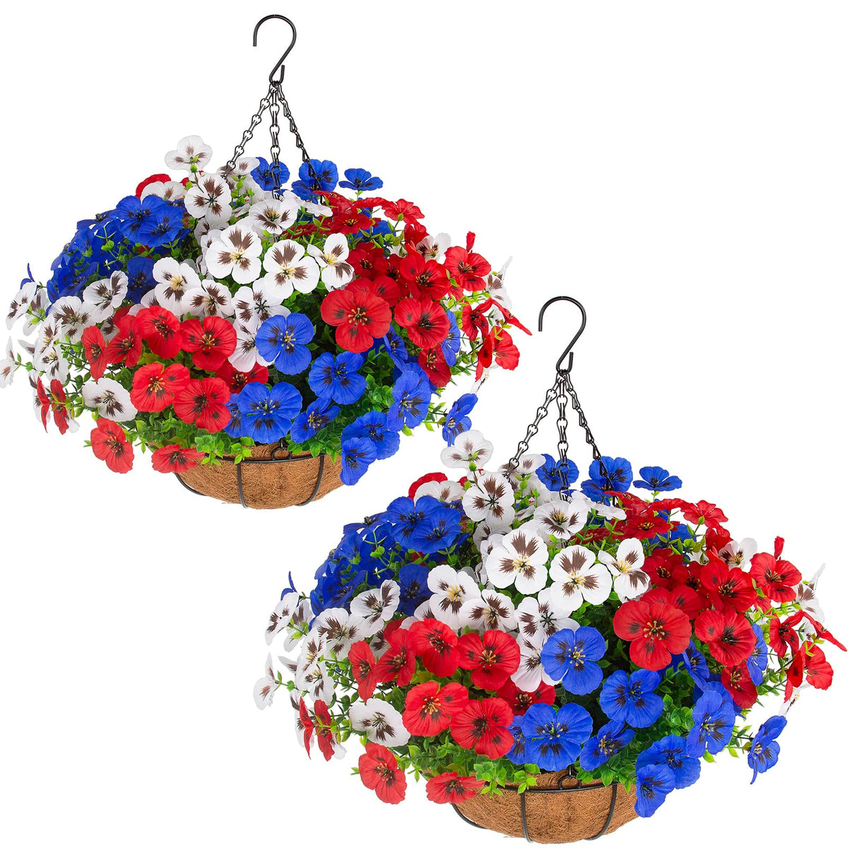 lovemoon 2 Sets Artificial Hanging Pansy Flowers with Baskets, 24 Pcs UV Resistant Faux Silk Pansy Outdoor Hanging Flower for Porch Patio Garden Home Spring Decor (2, White,Yellow,Purple)