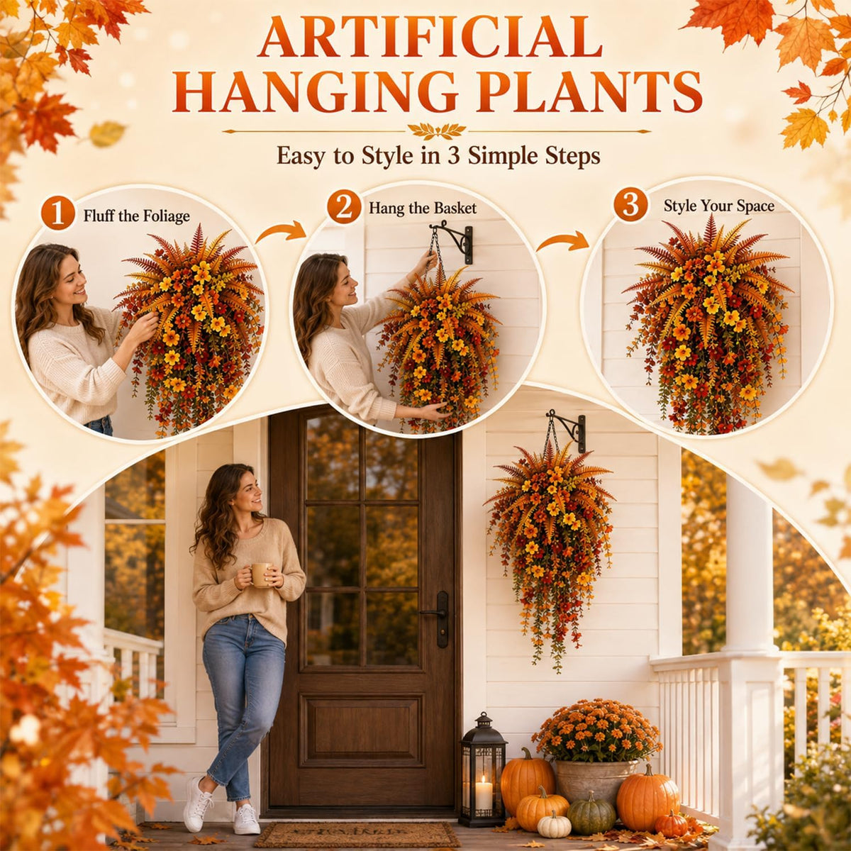2Pcs Artificial Fall Harvest Hanging Basket,UV Resistant Faux Autumn Floral