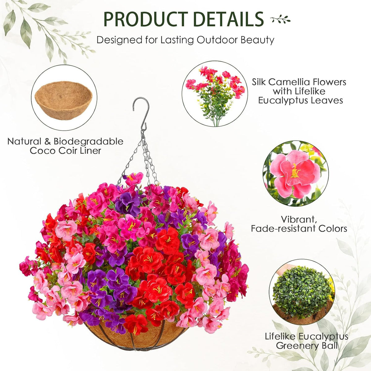 2 Set Artificial Outdoor Flowers with Hanging Basket, Outside Decor