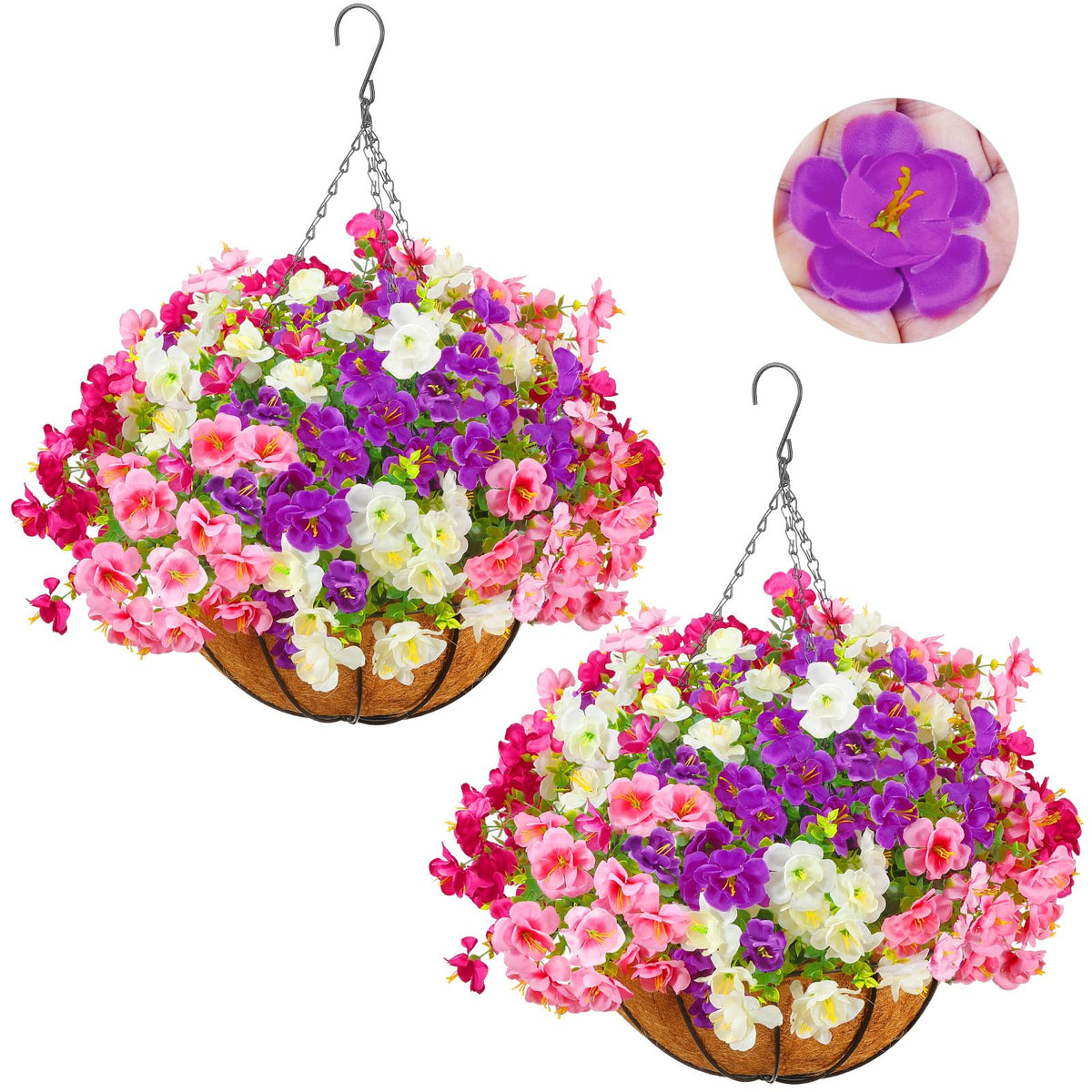 2 Set Artificial Outdoor Flowers with Hanging Basket, Outside Decor